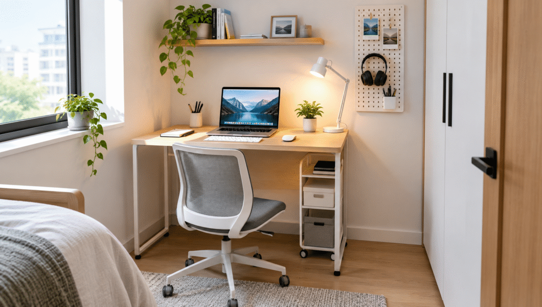 Minimalist desk setup for small spaces featuring a compact wooden desk, laptop, ergonomic chair, floating shelf, and natural lighting in a tidy bedroom.