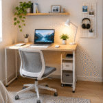 Minimalist desk setup for small spaces featuring a compact wooden desk, laptop, ergonomic chair, floating shelf, and natural lighting in a tidy bedroom.