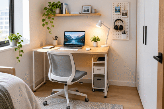Minimalist desk setup for small spaces featuring a compact wooden desk, laptop, ergonomic chair, floating shelf, and natural lighting in a tidy bedroom.