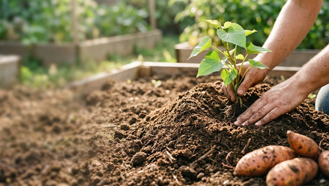 A close-up shot of a person’s hands gently planting a vibrant green sweet potato vine into a mound of dark, rich soil within a sunny raised garden bed. In the bottom right corner, a small cluster of freshly harvested, orange-skinned sweet potatoes rests on the dirt, illustrating the connection between the plant and its harvest. The background features more raised garden boxes bathed in soft, warm daylight, creating a blurred, peaceful garden setting.