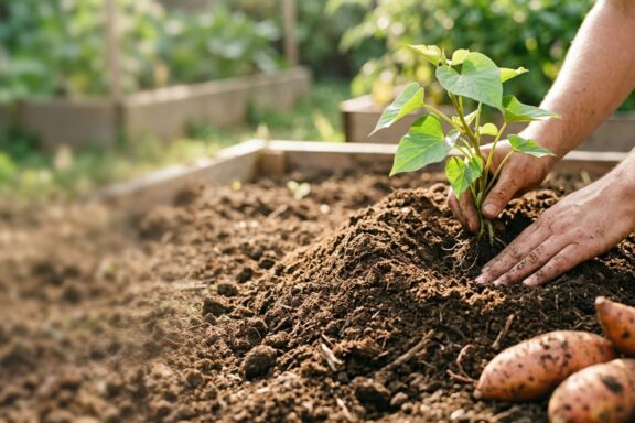 A close-up shot of a person’s hands gently planting a vibrant green sweet potato vine into a mound of dark, rich soil within a sunny raised garden bed. In the bottom right corner, a small cluster of freshly harvested, orange-skinned sweet potatoes rests on the dirt, illustrating the connection between the plant and its harvest. The background features more raised garden boxes bathed in soft, warm daylight, creating a blurred, peaceful garden setting.