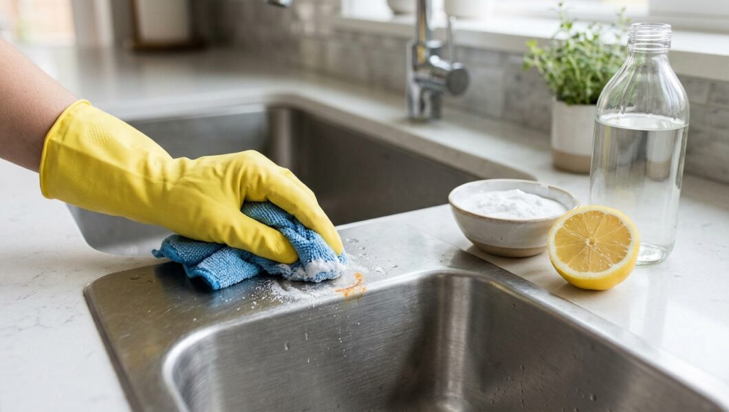 Hand wiping a rust stain off a stainless steel sink with a soft cloth and baking soda paste