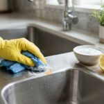 Hand wiping a rust stain off a stainless steel sink with a soft cloth and baking soda paste