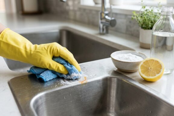 Hand wiping a rust stain off a stainless steel sink with a soft cloth and baking soda paste
