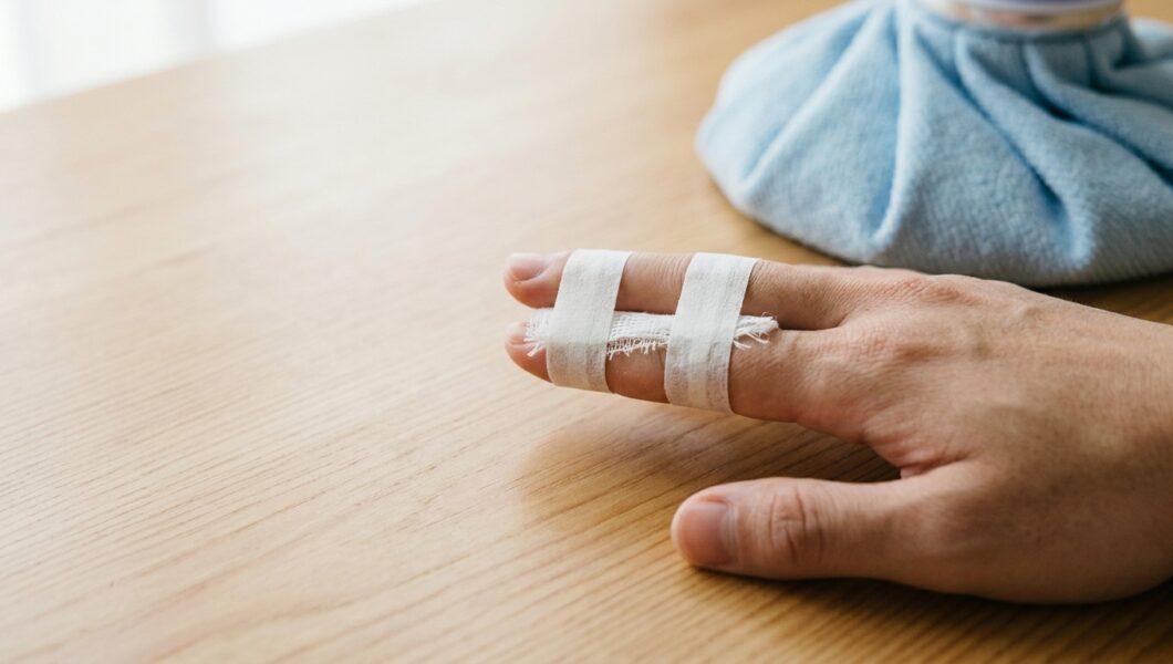 Hand with a jammed index finger buddy taped to the middle finger on a clean white background
