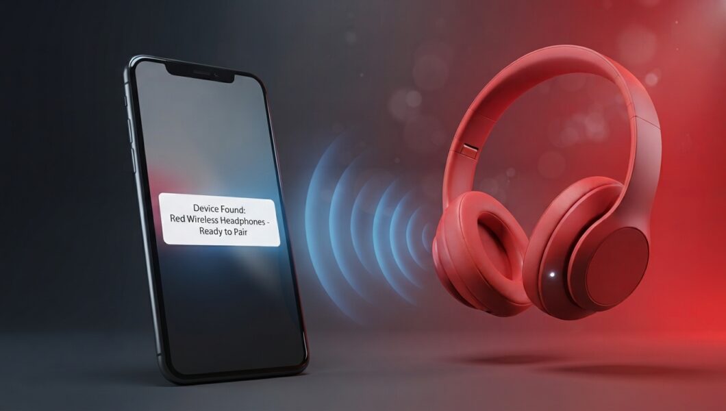A smartphone stands on a dark surface on the left, displaying a white pop-up notification that reads, "Device Found: Red Wireless Headphones - Ready to Pair." Blue sound waves radiate from the phone toward a pair of matte red over-ear wireless headphones floating on the right. The background is a gradient of dark grey and vibrant red with soft bokeh lighting effects.