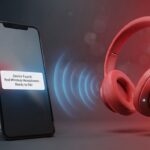 A smartphone stands on a dark surface on the left, displaying a white pop-up notification that reads, "Device Found: Red Wireless Headphones - Ready to Pair." Blue sound waves radiate from the phone toward a pair of matte red over-ear wireless headphones floating on the right. The background is a gradient of dark grey and vibrant red with soft bokeh lighting effects.