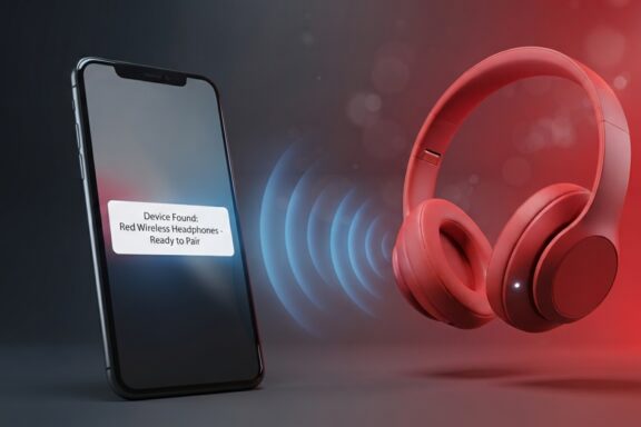 A smartphone stands on a dark surface on the left, displaying a white pop-up notification that reads, "Device Found: Red Wireless Headphones - Ready to Pair." Blue sound waves radiate from the phone toward a pair of matte red over-ear wireless headphones floating on the right. The background is a gradient of dark grey and vibrant red with soft bokeh lighting effects.