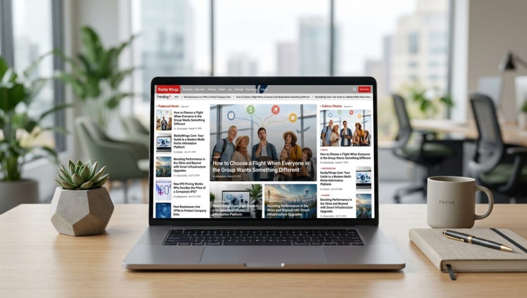 A laptop computer sits open on a wooden desk, displaying a multi-column blog or news website interface.