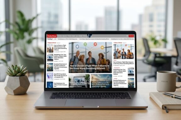 A laptop computer sits open on a wooden desk, displaying a multi-column blog or news website interface.