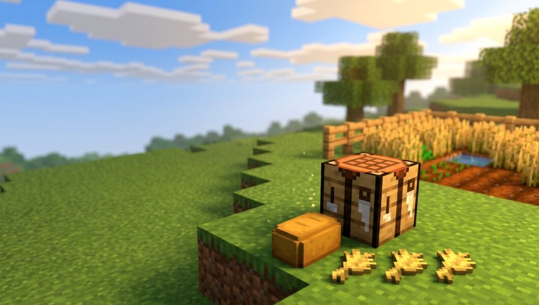 A Minecraft crafting table sits on a grassy hillside next to a single loaf of bread and three pieces of wheat floating as items on the ground. In the background, a small fenced-in farm is visible, filled with fully grown, golden wheat ready for harvest under a bright, sunny blue sky with soft clouds.