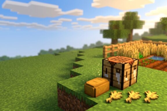 A Minecraft crafting table sits on a grassy hillside next to a single loaf of bread and three pieces of wheat floating as items on the ground. In the background, a small fenced-in farm is visible, filled with fully grown, golden wheat ready for harvest under a bright, sunny blue sky with soft clouds.