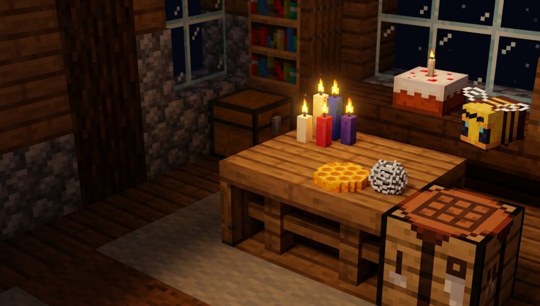 A cozy indoor Minecraft scene features a wooden table illuminated by colored candles, set against a backdrop of a nighttime window and bookshelves.