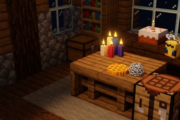 A cozy indoor Minecraft scene features a wooden table illuminated by colored candles, set against a backdrop of a nighttime window and bookshelves.