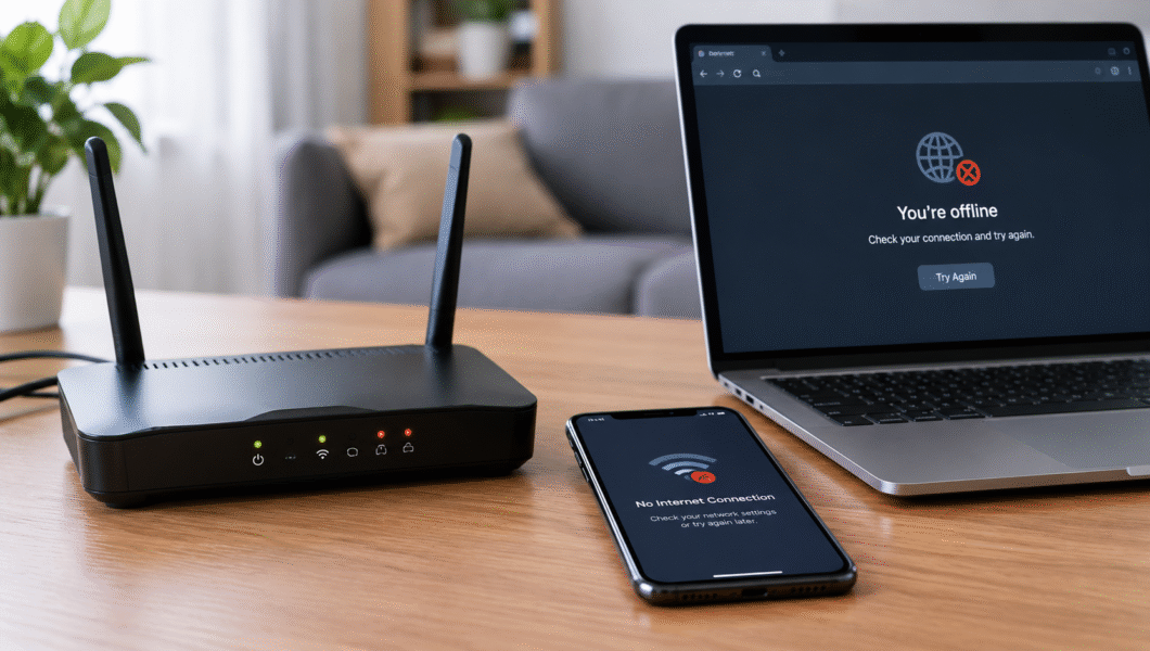 Home Wi-Fi router beside a laptop experiencing a slow internet connection