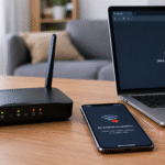 Home Wi-Fi router beside a laptop experiencing a slow internet connection