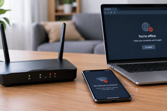 Home Wi-Fi router beside a laptop experiencing a slow internet connection