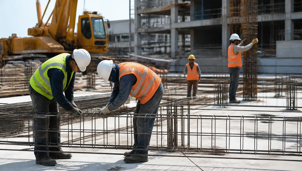 Construction workers wearing personal protective equipment at a safe and organized construction site.