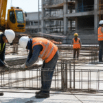 Construction workers wearing personal protective equipment at a safe and organized construction site.