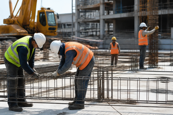 Construction workers wearing personal protective equipment at a safe and organized construction site.