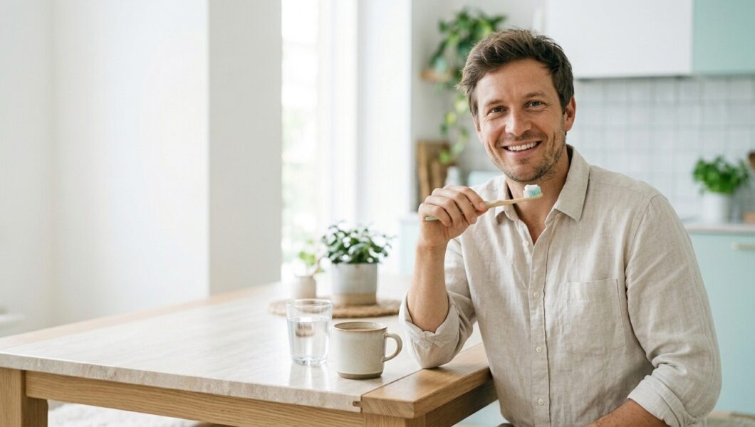A smiling man in a light beige button-down shirt sits at a wooden kitchen table, holding a bamboo toothbrush with a dollop of toothpaste on it. On the table in front of him are a ceramic mug and a glass of water, with a blurred kitchen background including potted plants.