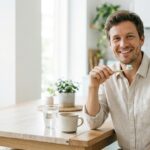 A smiling man in a light beige button-down shirt sits at a wooden kitchen table, holding a bamboo toothbrush with a dollop of toothpaste on it. On the table in front of him are a ceramic mug and a glass of water, with a blurred kitchen background including potted plants.