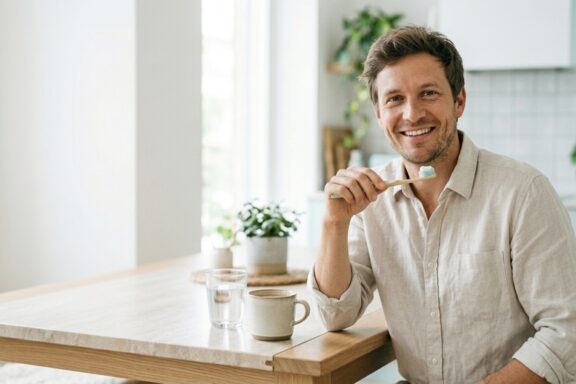 A smiling man in a light beige button-down shirt sits at a wooden kitchen table, holding a bamboo toothbrush with a dollop of toothpaste on it. On the table in front of him are a ceramic mug and a glass of water, with a blurred kitchen background including potted plants.