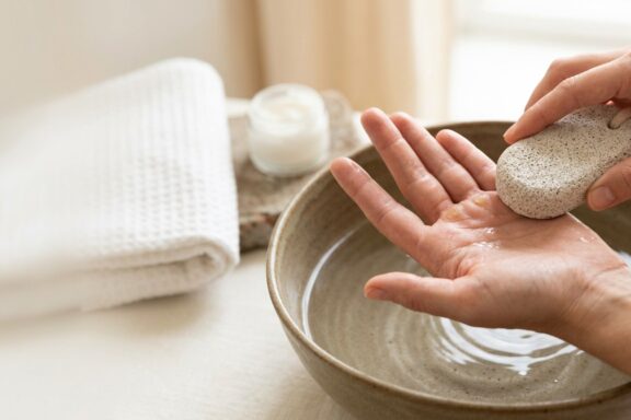 A close-up shot focuses on a person's hands over a ceramic bowl filled with water.