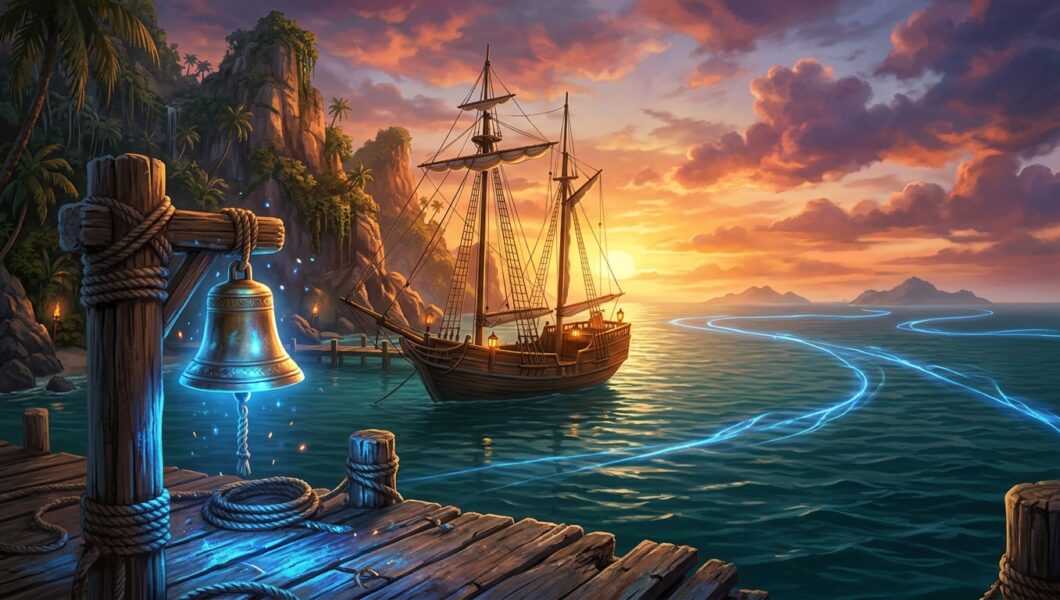 Pirate ship sailing near a tropical island with a glowing fast travel bell on a wooden dock at sunset