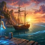 Pirate ship sailing near a tropical island with a glowing fast travel bell on a wooden dock at sunset