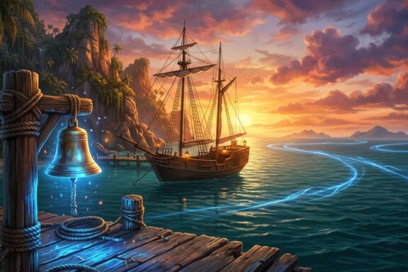 Pirate ship sailing near a tropical island with a glowing fast travel bell on a wooden dock at sunset