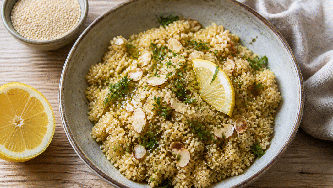 Bowl of fluffy cooked quinoa topped with parsley, lemon, and toasted almonds