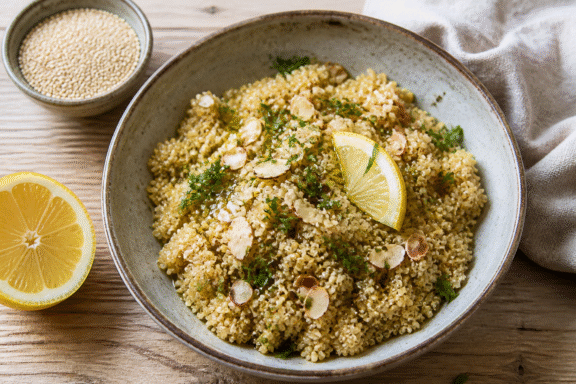 Bowl of fluffy cooked quinoa topped with parsley, lemon, and toasted almonds