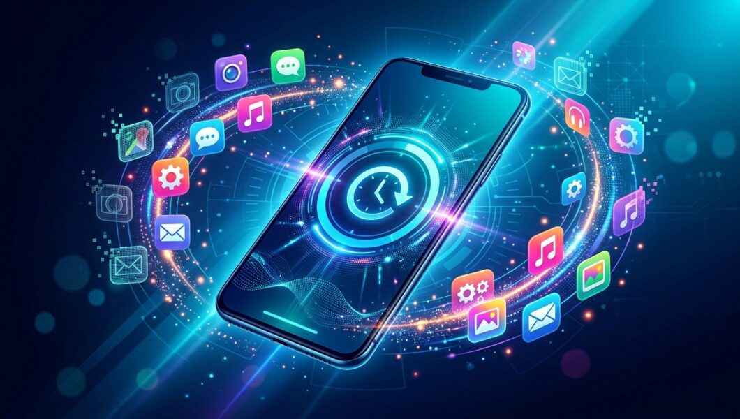A futuristic, stylized digital illustration of a modern smartphone floating at an angle against a dark blue background. The phone's screen displays a glowing blue holographic interface featuring a central clock icon with a circular arrow, symbolizing time or backup. Vibrant, neon-colored app icons—including symbols for mail, music, settings, photos, and messages—orbit around the phone in a swirling, luminous golden and blue light stream filled with sparkles and data effects.