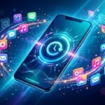 A futuristic, stylized digital illustration of a modern smartphone floating at an angle against a dark blue background. The phone's screen displays a glowing blue holographic interface featuring a central clock icon with a circular arrow, symbolizing time or backup. Vibrant, neon-colored app icons—including symbols for mail, music, settings, photos, and messages—orbit around the phone in a swirling, luminous golden and blue light stream filled with sparkles and data effects.