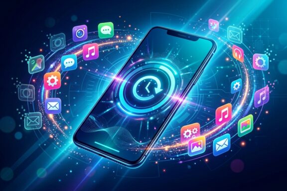 A futuristic, stylized digital illustration of a modern smartphone floating at an angle against a dark blue background. The phone's screen displays a glowing blue holographic interface featuring a central clock icon with a circular arrow, symbolizing time or backup. Vibrant, neon-colored app icons—including symbols for mail, music, settings, photos, and messages—orbit around the phone in a swirling, luminous golden and blue light stream filled with sparkles and data effects.