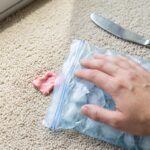 Hand using a dull knife to lift frozen chewing gum from beige carpet