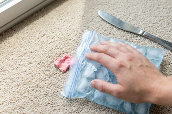 Hand using a dull knife to lift frozen chewing gum from beige carpet
