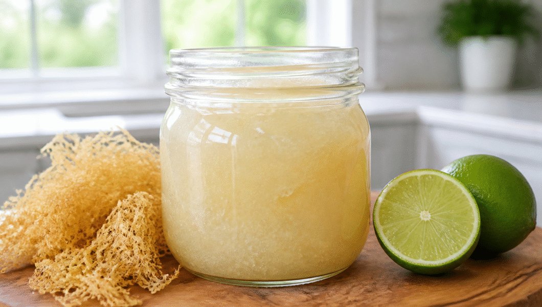 Homemade sea moss gel in a glass jar with dried sea moss and fresh lime.