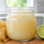 Homemade sea moss gel in a glass jar with dried sea moss and fresh lime.