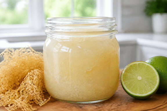 Homemade sea moss gel in a glass jar with dried sea moss and fresh lime.