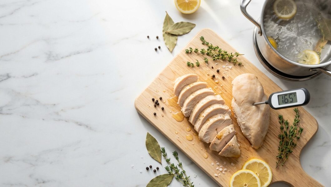 An overhead shot of a wooden cutting board placed on a white marble countertop, featuring sliced and whole pieces of cooked chicken breast.
