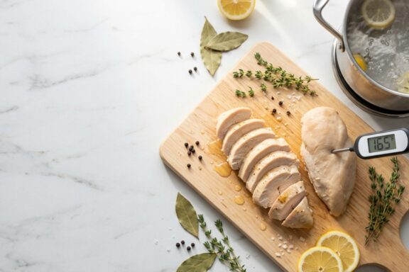 An overhead shot of a wooden cutting board placed on a white marble countertop, featuring sliced and whole pieces of cooked chicken breast.
