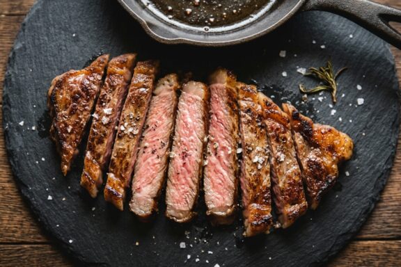 Sliced pan-seared wagyu steak with heavy marbling and a medium-rare center on a dark plate