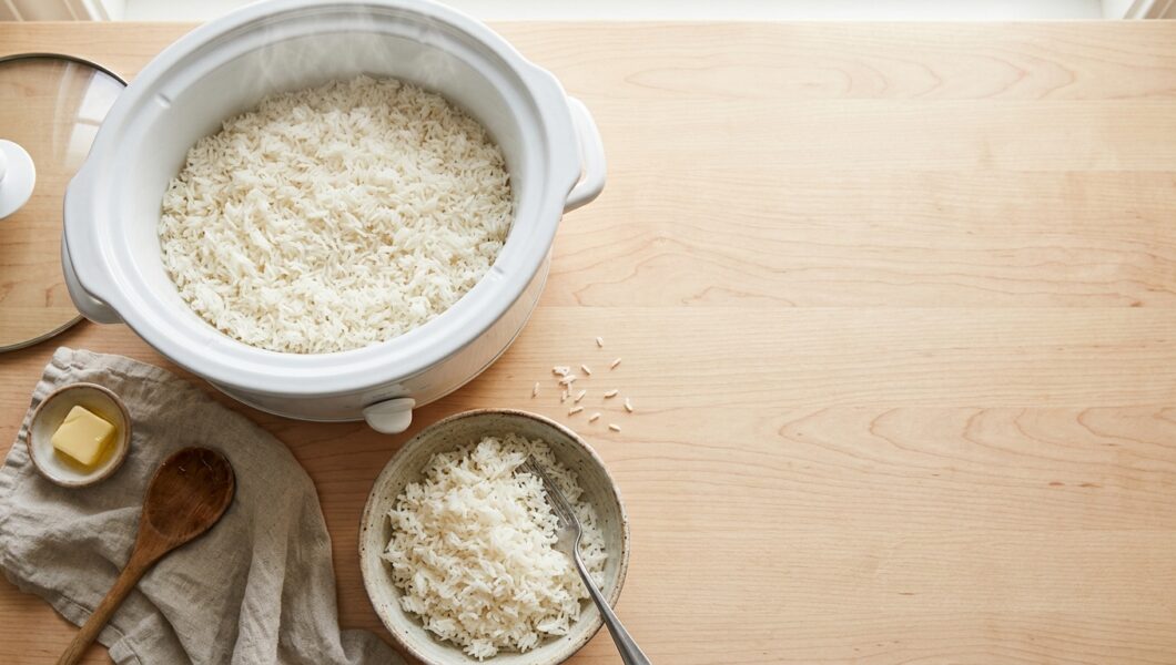 Bowl of fluffy white rice next to an open slow cooker on a kitchen counter