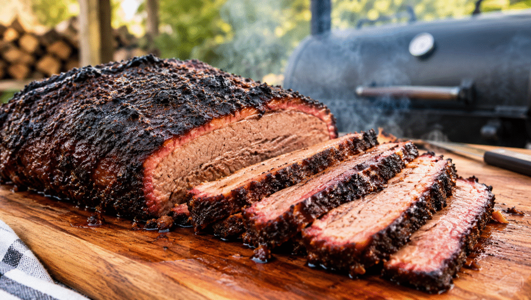 Sliced smoked brisket with dark bark and a juicy interior on a wooden cutting board, with a barbecue smoker in the background.