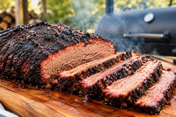 Sliced smoked brisket with dark bark and a juicy interior on a wooden cutting board, with a barbecue smoker in the background.
