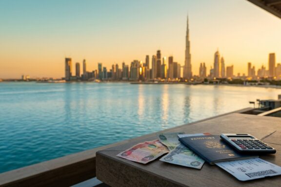 Dubai skyline with the Burj Khalifa at sunset, with a travel budget calculator and passport in the foreground