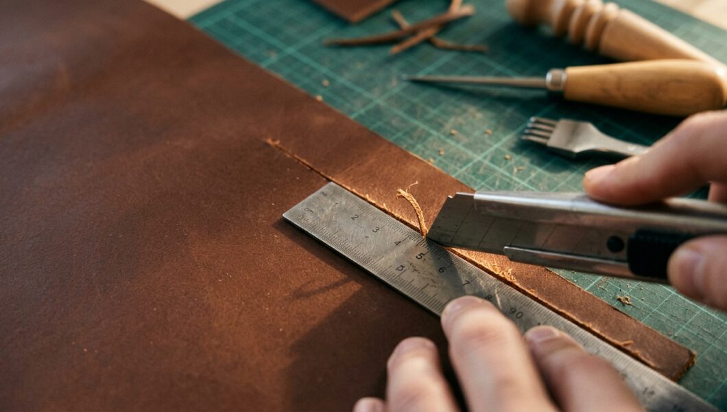 An artisan's hands cutting a thick piece of brown leather using a utility knife and a metal ruler on a green cutting mat. In the background, other leatherworking tools like a wooden-handled awl and a stitching punch rest on the workbench, surrounded by scattered leather scraps. The focus is sharp on the blade making the precise cut along the edge of the ruler.