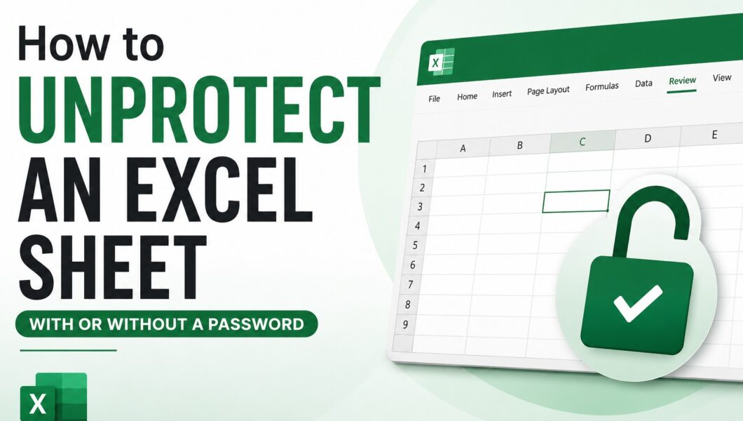 An infographic thumbnail titled "How to Unprotect an Excel Sheet" with a password subtitle. It shows an Excel grid beside a green open padlock icon.